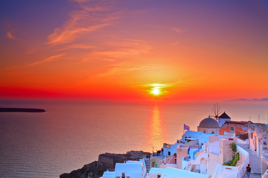Sunset In Oia Village On Santorini Island